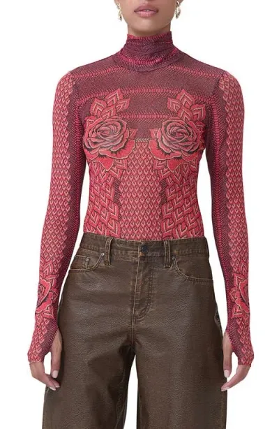 Afrm Zadie Print Mesh Turtleneck Top In Rouge Gilded Rose