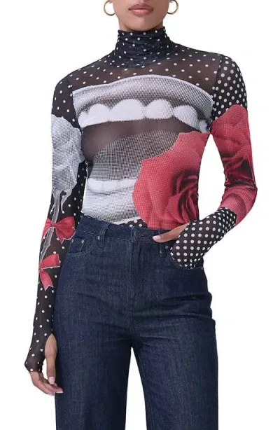 Afrm Zadie Print Mesh Turtleneck Top In Smile Dot