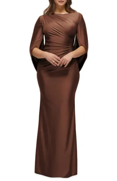 After Six Cape Sleeve Satin Gown In Cognac