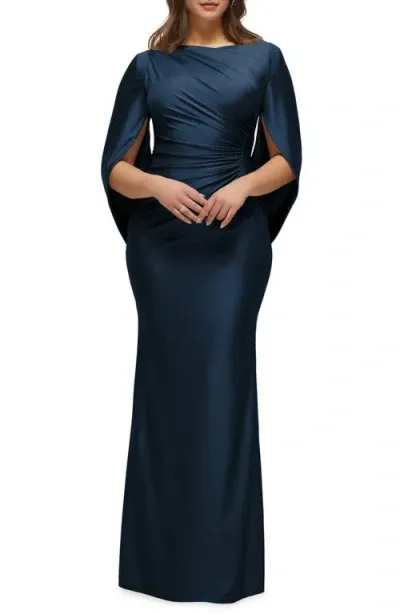 After Six Cape Sleeve Satin Gown In Midnight