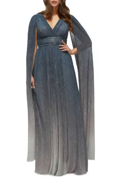 After Six Metallic Cape Sleeve Gown In Cosmic Blue