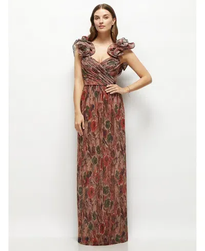 After Six Women's Dramatic Ruffle Edge Strap Fall Foral Pleated Metallic Maxi Dress In Harvest Floral Print