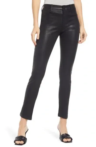 Ag The Farrah High Rise Ankle Skinny Leather Panel Denim Pants In Luminous Super Black