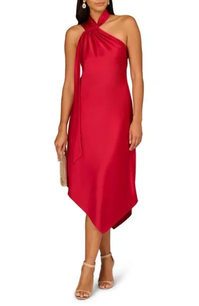 Aidan Mattox By Adrianna Papell Asymmetric Satin Halter Dress In Scarlet Spice