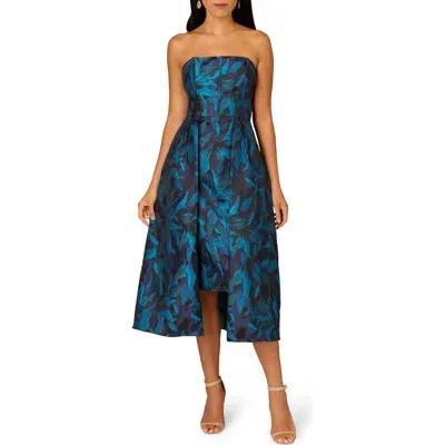 Aidan Mattox By Adrianna Papell Floral Jacquard Strapless Cocktail Dress In Blue/black Multi