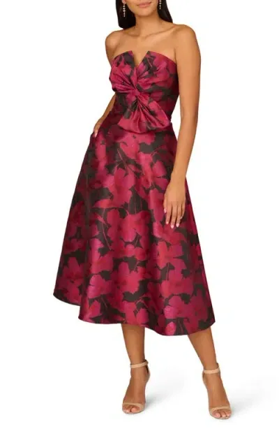 Aidan Mattox By Adrianna Papell Floral Jacquard Strapless Midi Cocktail Dress In Light Shiraz