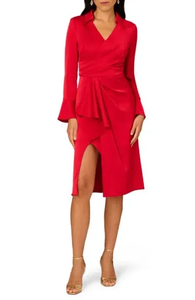 Aidan Mattox By Adrianna Papell Long Sleeve Faux Wrap Crepe Back Satin Midi Dress In Red