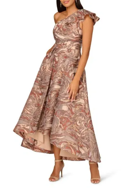 Aidan Mattox By Adrianna Papell Metallic Organza Jacquard One-shoulder High-low Gown In Rust Multi