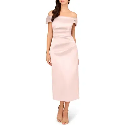 Aidan Mattox By Adrianna Papell Off The Shoulder Mikado Midi Cocktail Dress In Pale Blush