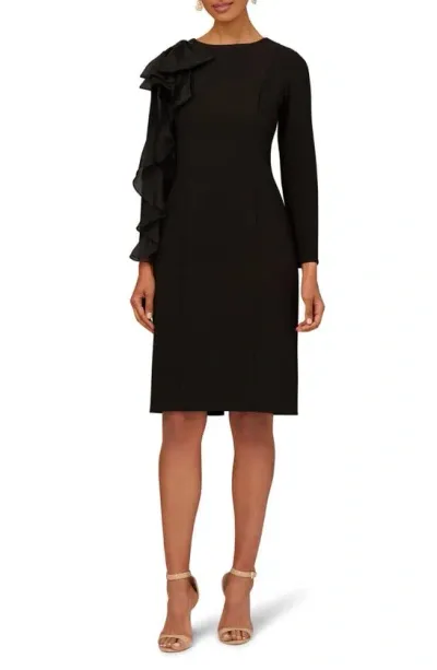 Aidan Mattox By Adrianna Papell Ruffle Long Sleeve Crepe Sheath Cocktail Dress In Black