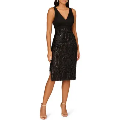 Aidan Mattox By Adrianna Papell Sequin Mixed Media Sheath Midi Dress In Black