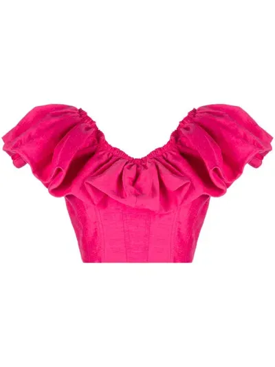 Aje Bubble Cropped Ruffled Linen-blend Top In Pink