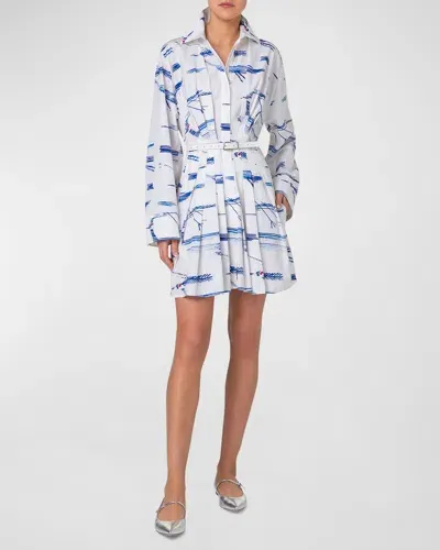 Akris Cotton Poplin Belted Shirtdress In Kasuri Birds Print In Ecru-denim