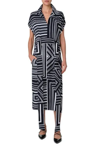 Akris Lizzes Lines Printed Silk Crepe Shirtdress In Black Ecru