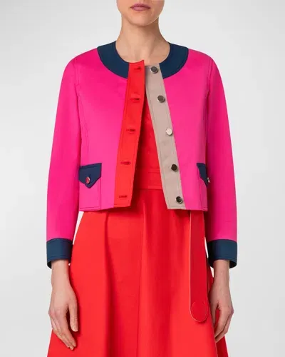 Akris Punto Colorblock Cotton Gabardine Crop Jacket In Pink-ink-beige-red