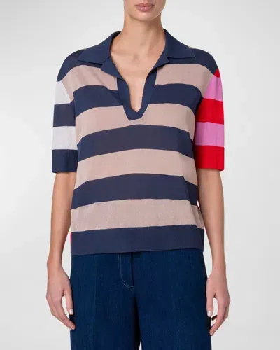 Akris Punto Colorblock Striped Knit Polo Sweater In Ink-beige-pink-red