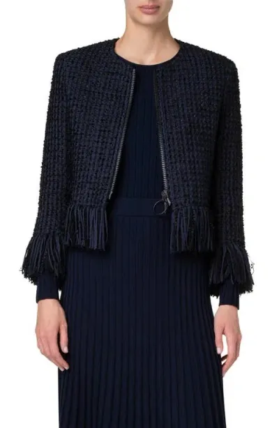 Akris Punto Fringe Tweed Crop Jacket In Navy