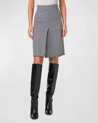 Akris Punto Front-pleat Wool-blend Houndstooth Fringed Skirt In Black-cream