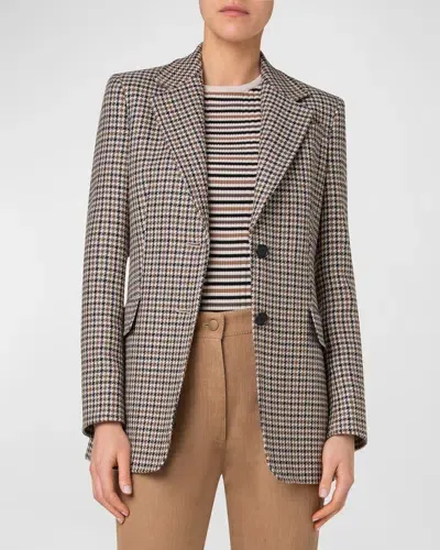 Akris Punto Houndstooth Shetland Tweed Wool Boyfriend Blazer In Beige-cognac-black