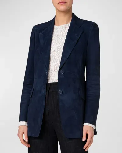 Akris Punto Nappa Leather Suede Blazer Jacket In Navy