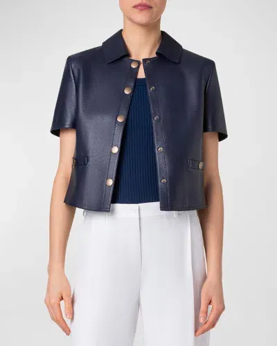 Akris Punto Short-sleeve Perforated Nappa Leather Crop Shirt Jacket In Ink