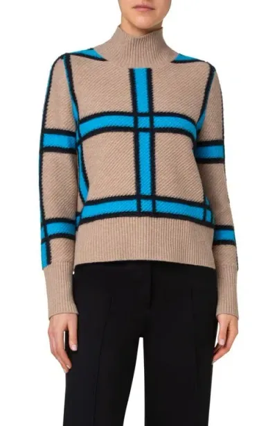 Akris Punto Windowpane Check Mock Neck Sweater In Caramel-turquoise-black