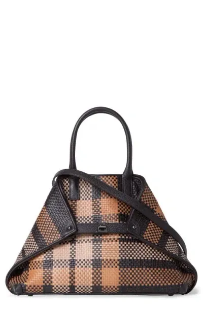 Akris Small Al Plaid Woven Leather Tote In Camel Mocca