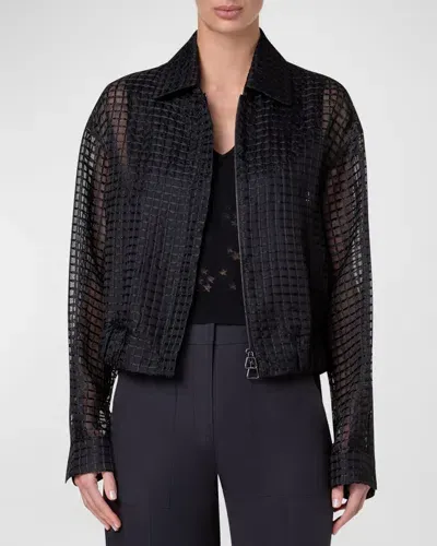 Akris Wanda Organza Short Jacket With Window Plaid Embroidery In Black