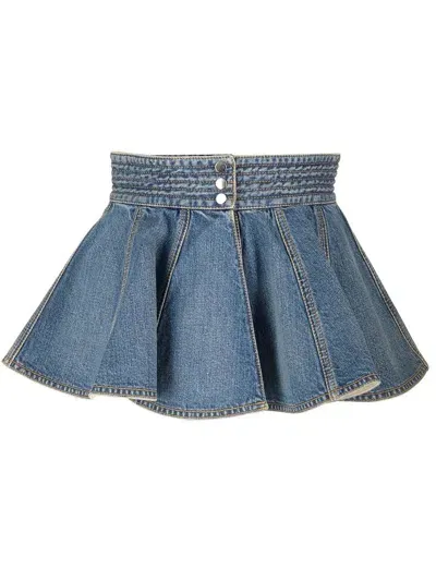 Alaïa Belted Flared Denim Skirt In Blue