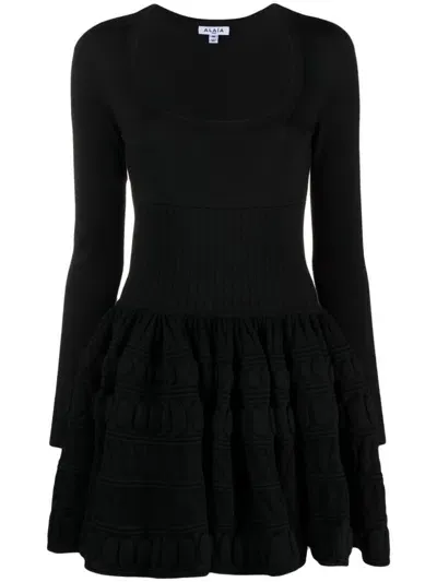 Alaïa Scoop-neck Wool Skater Mini Dress With 3-d Detail In Black