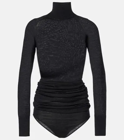 Alaïa Draped Wool Turtleneck Bodysuit In Black