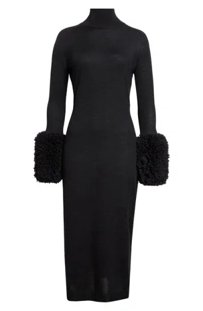 Alaïa Faux Shearling Cuff Long Sleeve Wool Sweater Dress In Ebene