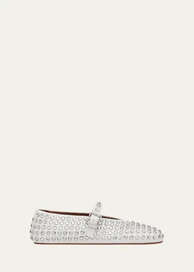 Alaïa Leather Mary Jane Flats With Allover Studs In Blanc