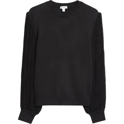 Alaïa Pleated Split Sleeve Wool Blend Crewneck Sweater In Noir Alaia