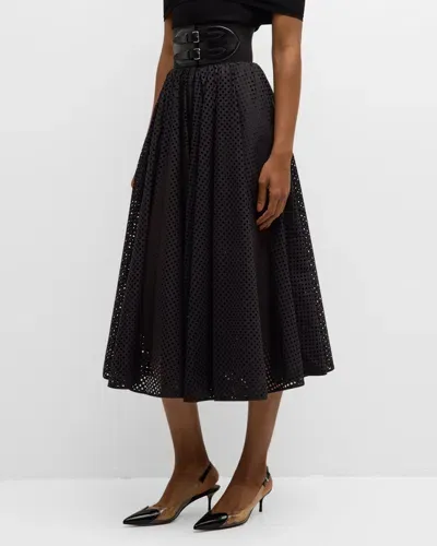 Alaïa Polka-dot Double-buckle Belt Midi Skirt In Noir Alaia