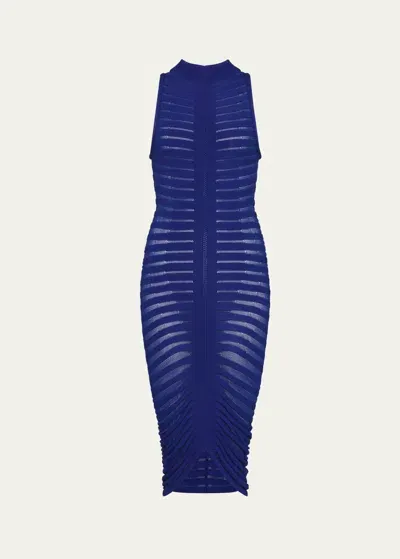 Alaïa Skeleton Sheer Midi Dress In Bleu Electrique