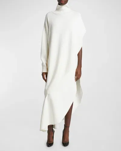 Alaïa Turtleneck Asymmetric Cape Hybrid Wool Sweater In Blanc Naturel