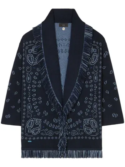 Alanui Cashmere Wrap Sweater With Fringed Detailing And Elegant Pattern In Blue