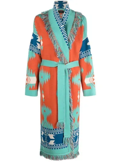 Alanui Icon Jacquard Fringe Belted Wool Long Coat In Tiger Lily - Tour