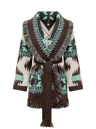 Alanui Icon Jacquard Belted Fringed Cardigan In Brown