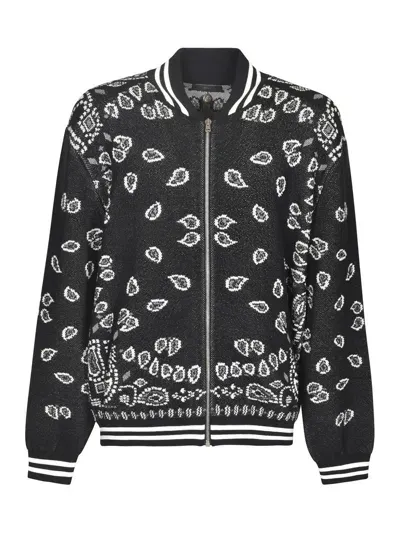 Alanui Paisley Intarsia Knited Zip-up Bomber Jacket In Black