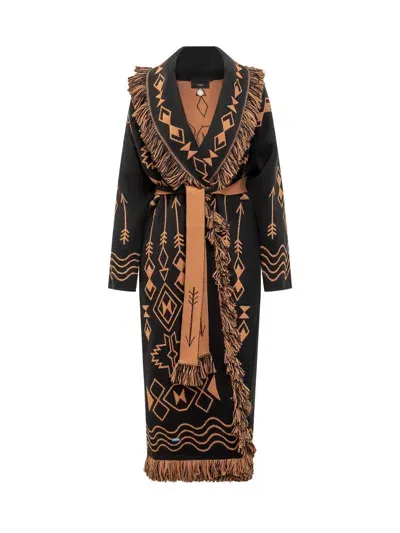 Alanui Pattern Jacquard Fringed Belted Long Cardigan In Black