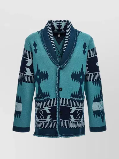 Alanui 'symbol' Geometric Pattern Cardigan With Fringed Edges In Azul Claro