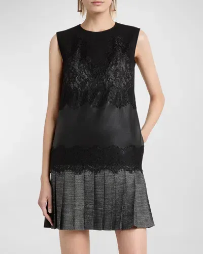 Alberta Ferretti Lace Sleeveless Pleated Mini Dress In Multi Black