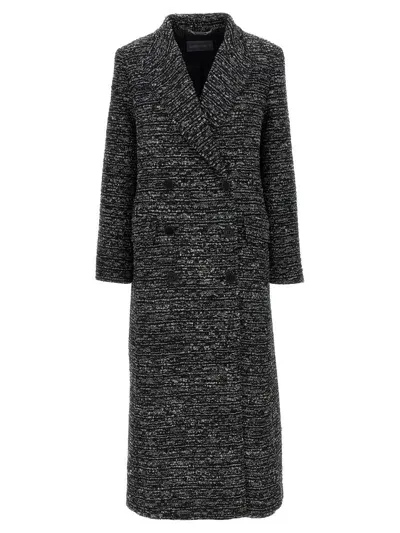 Alberta Ferretti Double Breasted Wool Tweed Long Coat In Black/multi