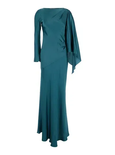 Alberta Ferretti Long Sleeves Maxi Satin Dress In Blue