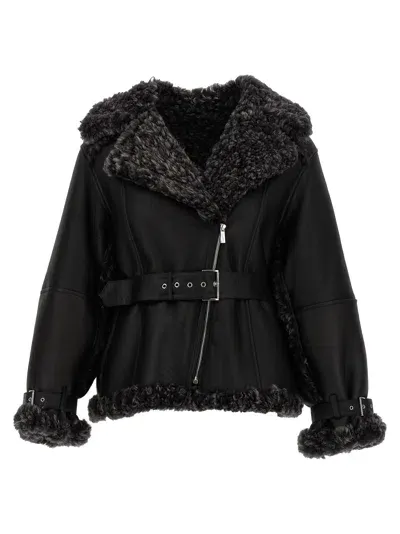 Alberta Ferretti Reversible Shearling Belted Jacket In Black