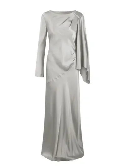 Alberta Ferretti Long Sleeves Maxi Satin Dress In Grey