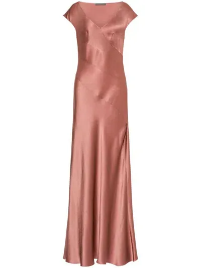 Alberta Ferretti Satin Long Dress With A V-neck In Color Carne Y Neutral