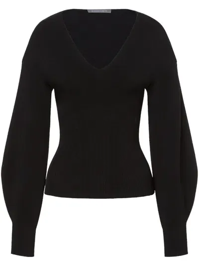 Alberta Ferretti Puff-sleeve Ribbed-knit Jumper In Black